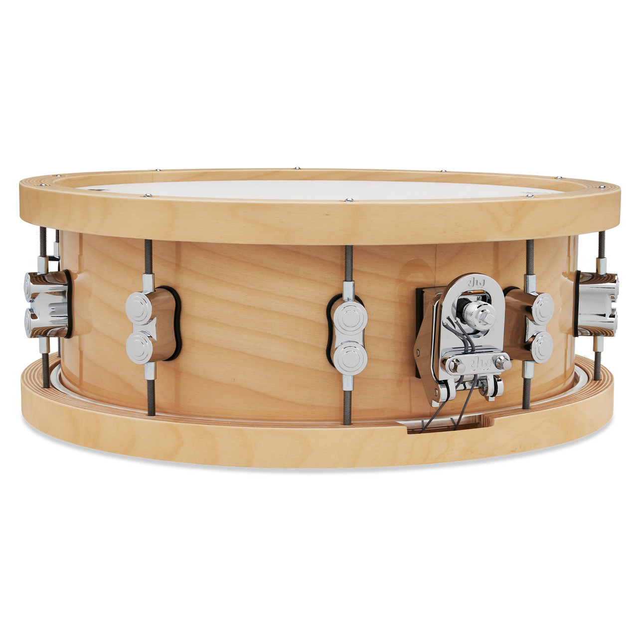PDP Concept 20-Ply 5.5x14 Snare Drum in Natural Maple finish with thick wood hoops and maple shell, delivering warm tone and exceptional projection.