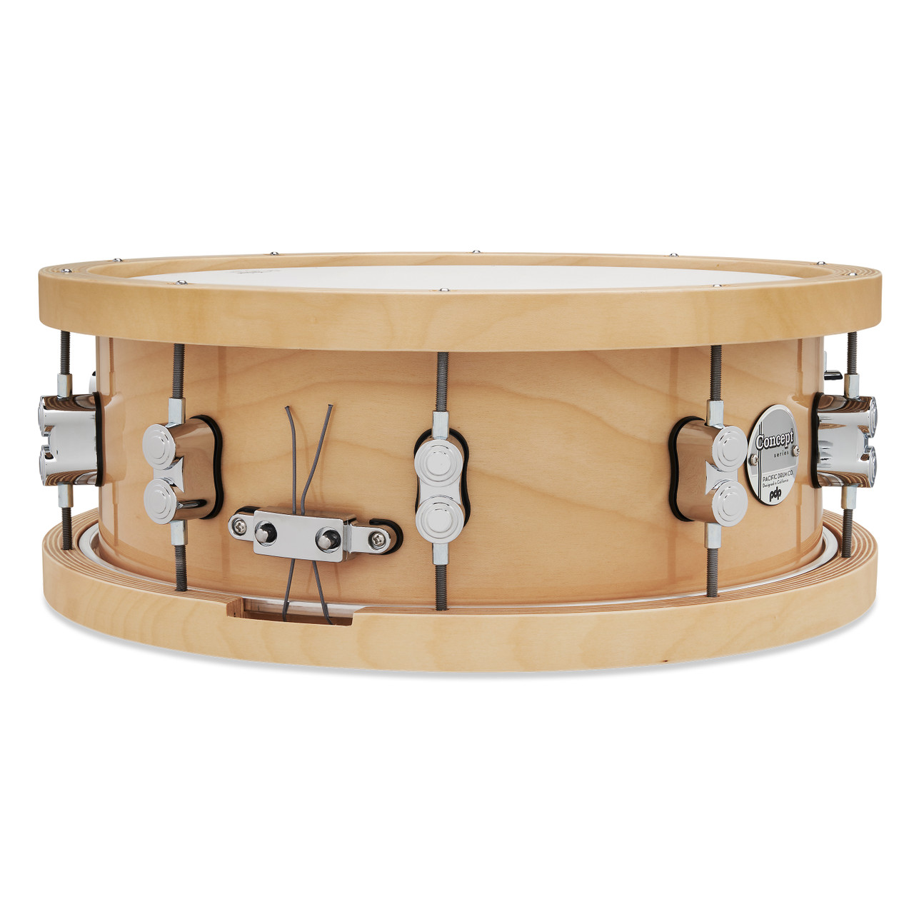 PDP Concept 20-Ply 5.5x14 Snare Drum in Natural Maple finish with thick wood hoops and maple shell, delivering warm tone and exceptional projection.