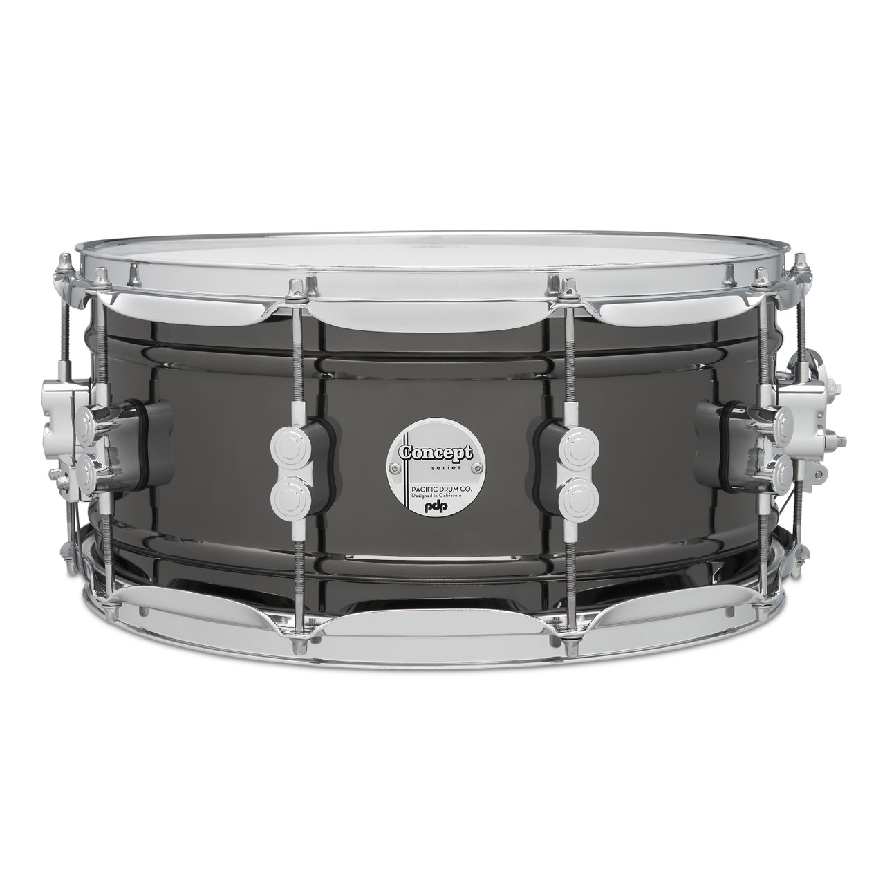 PDP Concept Series 6.5x14 Snare Drum in Black Nickel Over Steel with chrome hardware, featuring powerful tone, cutting projection, and stylish modern finish.