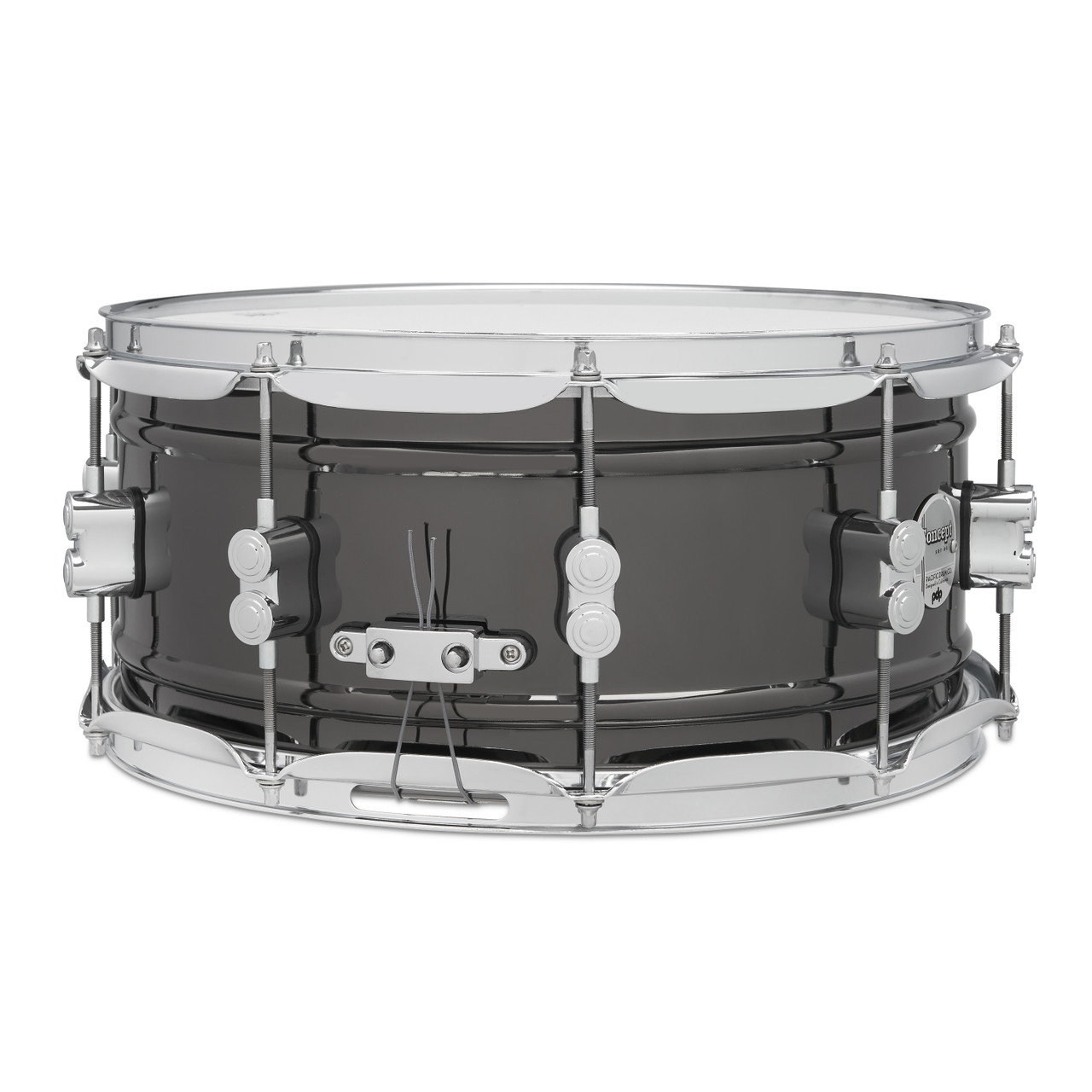 PDP Concept Series 6.5x14 Snare Drum in Black Nickel Over Steel with chrome hardware, featuring powerful tone, cutting projection, and stylish modern finish.