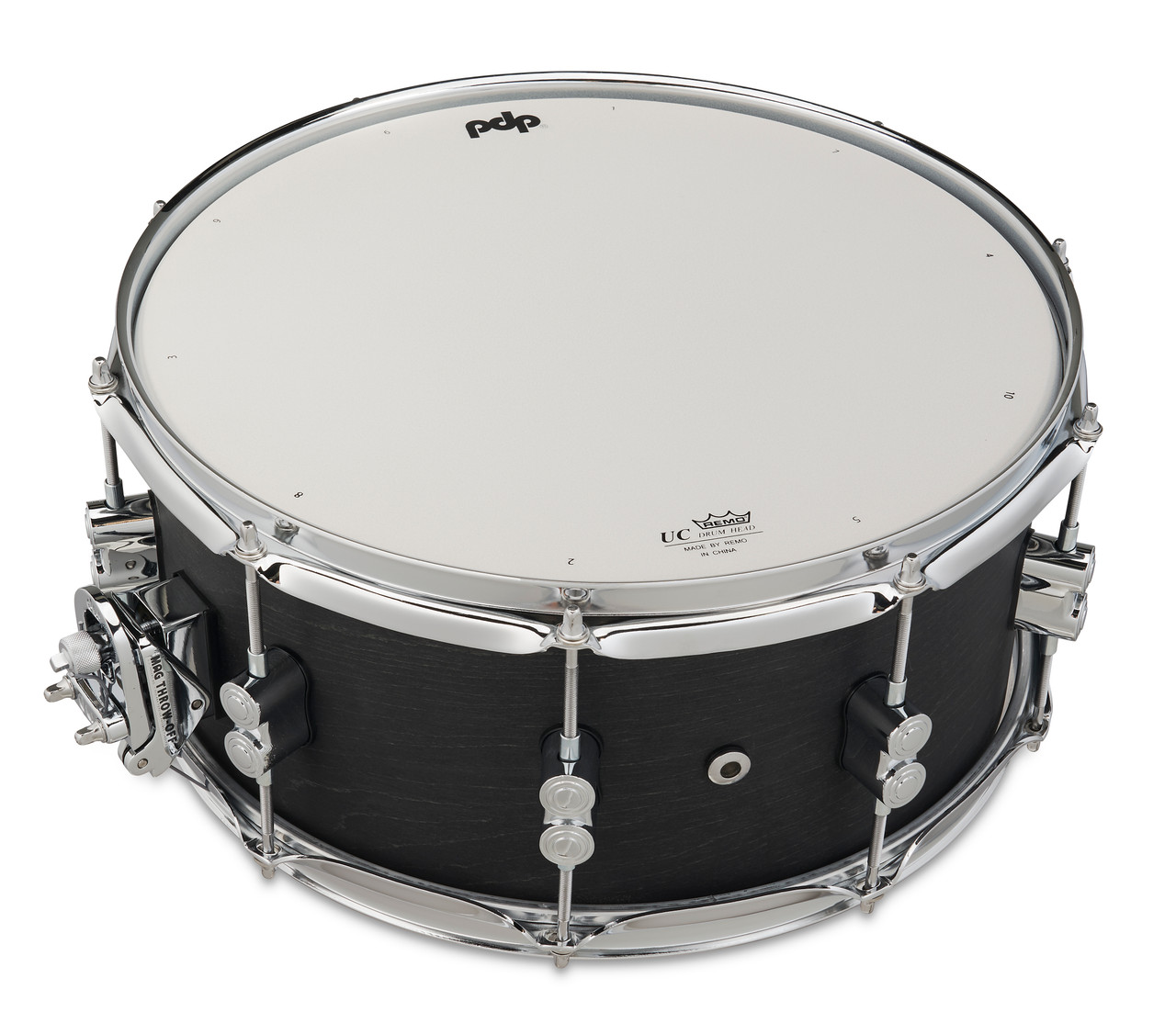 PDP Concept Series 6.5x14 Black Wax Maple Snare Drum in Satin Black finish with chrome hardware, offering deep maple tone, crisp response, and modern appearance.