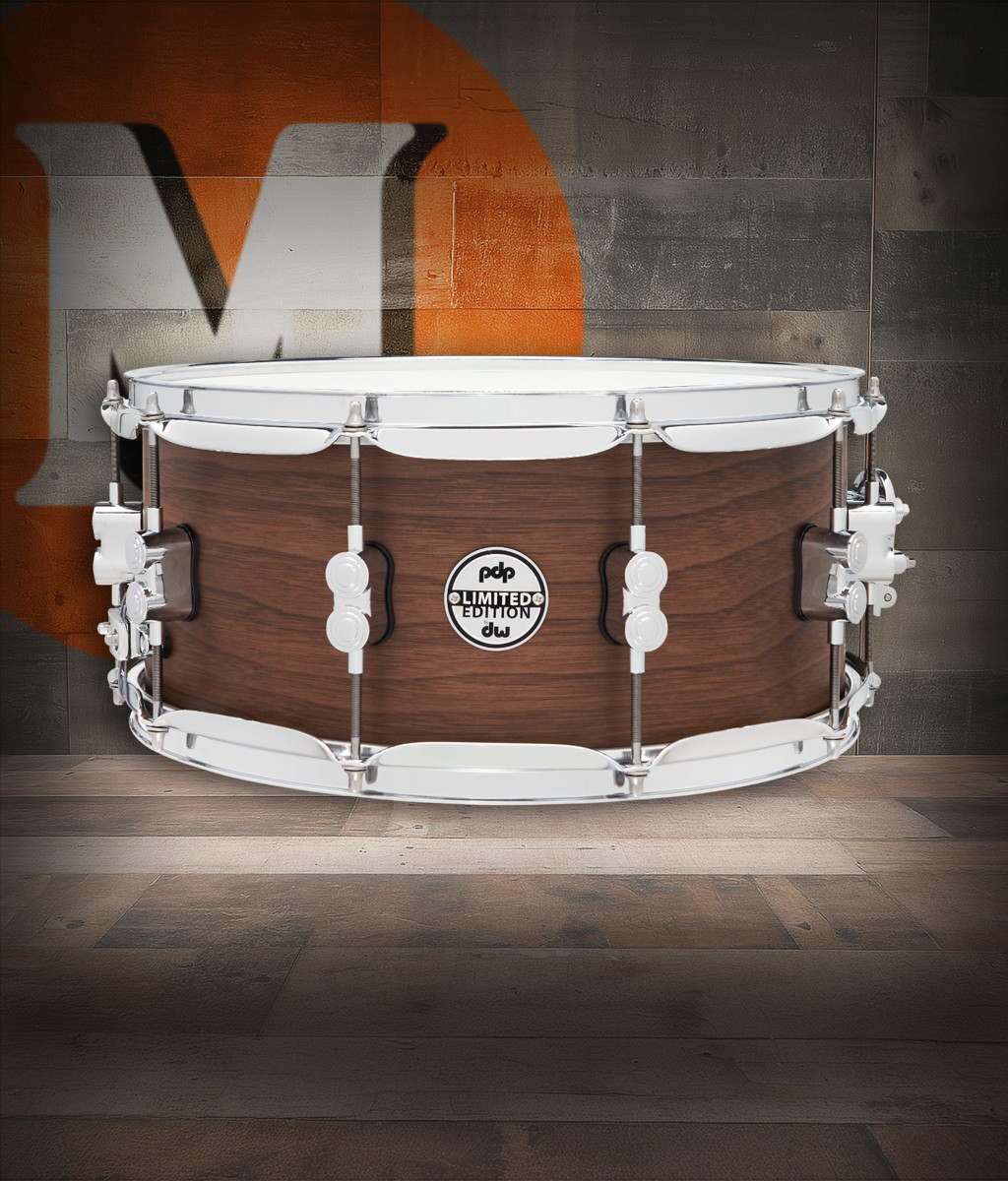 PDP LTD 6.5x14 Snare Drum with Maple/Walnut hybrid shell in Natural Satin finish, offering warm resonance, full-bodied tone, and premium craftsmanship.