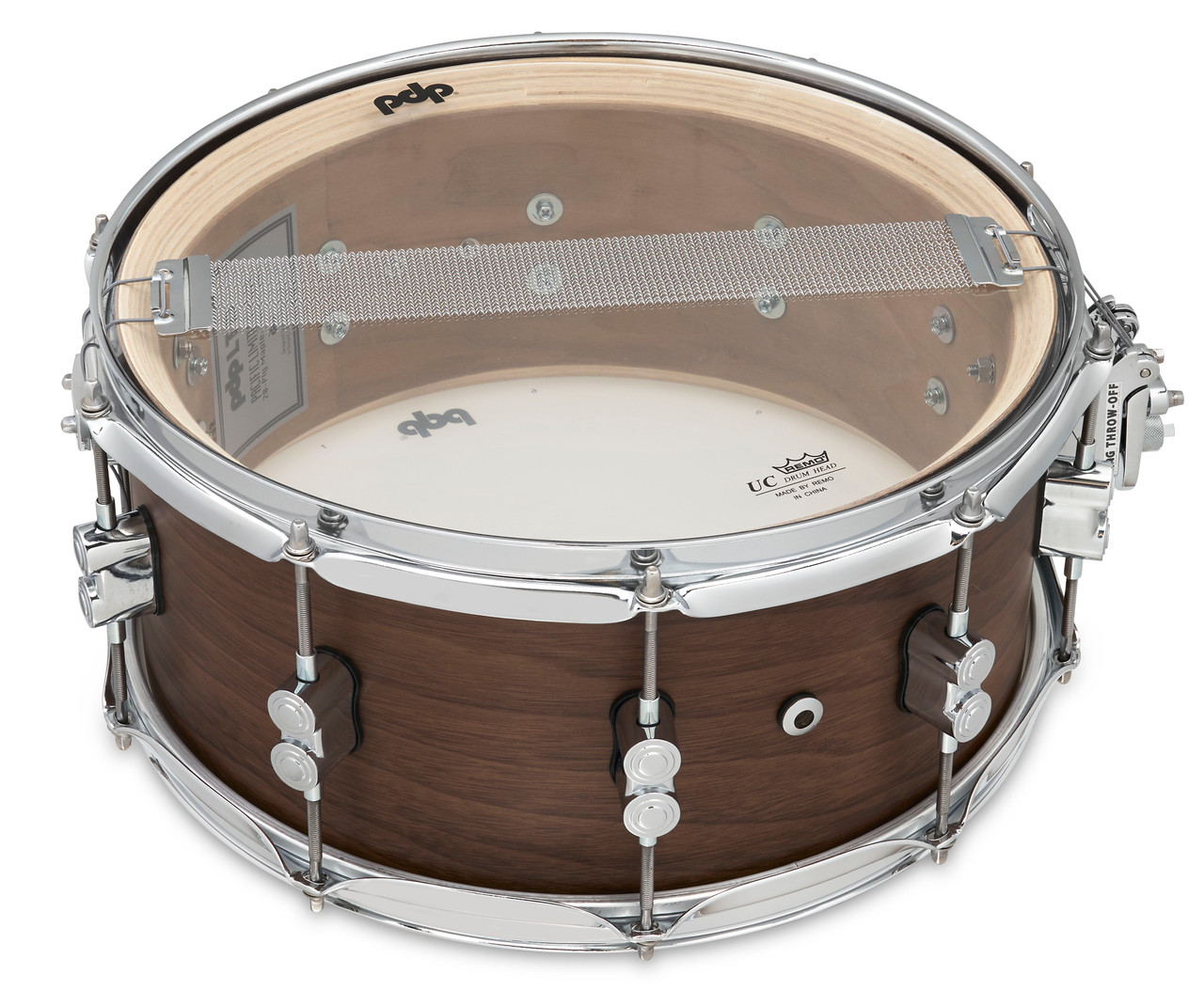 PDP LTD 6.5x14 Snare Drum with Maple/Walnut hybrid shell in Natural Satin finish, offering warm resonance, full-bodied tone, and premium craftsmanship.