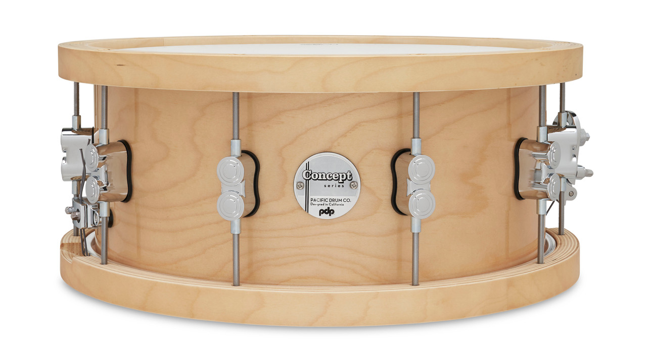 PDP Concept 20-Ply 6.5x14 Snare Drum in Natural Maple finish with thick wood hoops and maple shell, delivering warm tone, crisp attack, and exceptional projection.