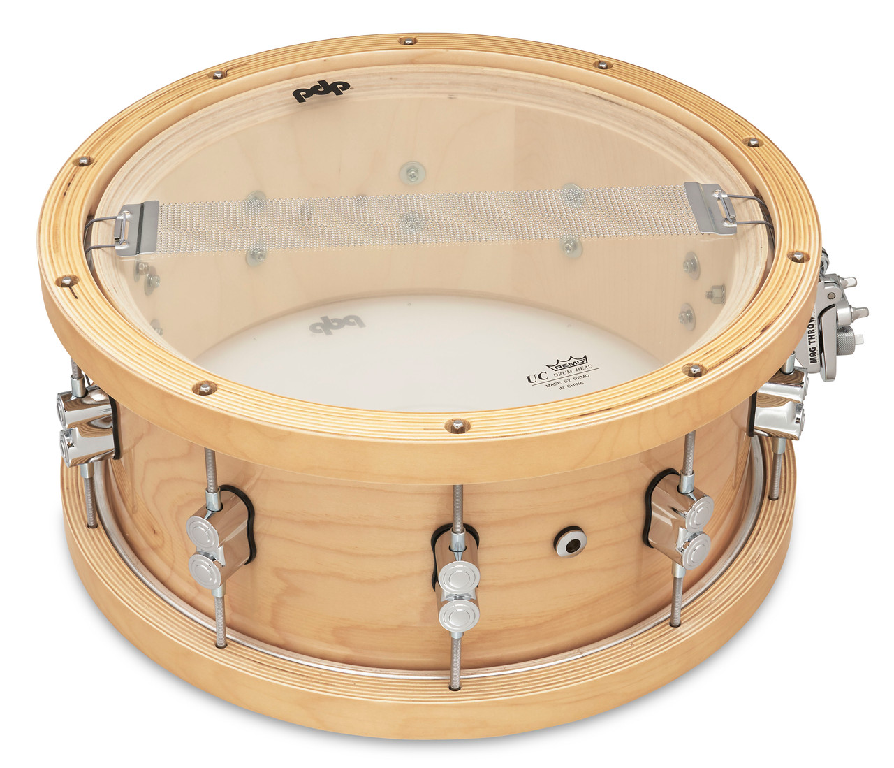 PDP Concept 20-Ply 6.5x14 Snare Drum in Natural Maple finish with thick wood hoops and maple shell, delivering warm tone, crisp attack, and exceptional projection.