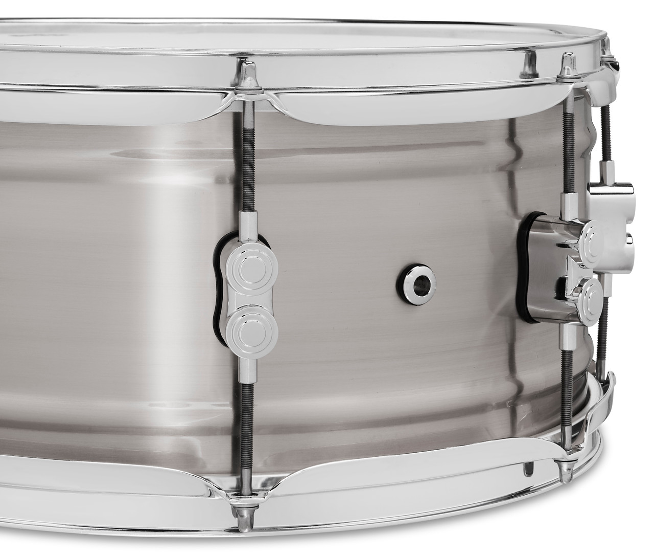 PDP Concept Series 6.5x14 Snare Drum in Natural Satin Brushed Aluminum finish with 1.2mm shell and chrome hardware, offering bright tone and sleek industrial design.