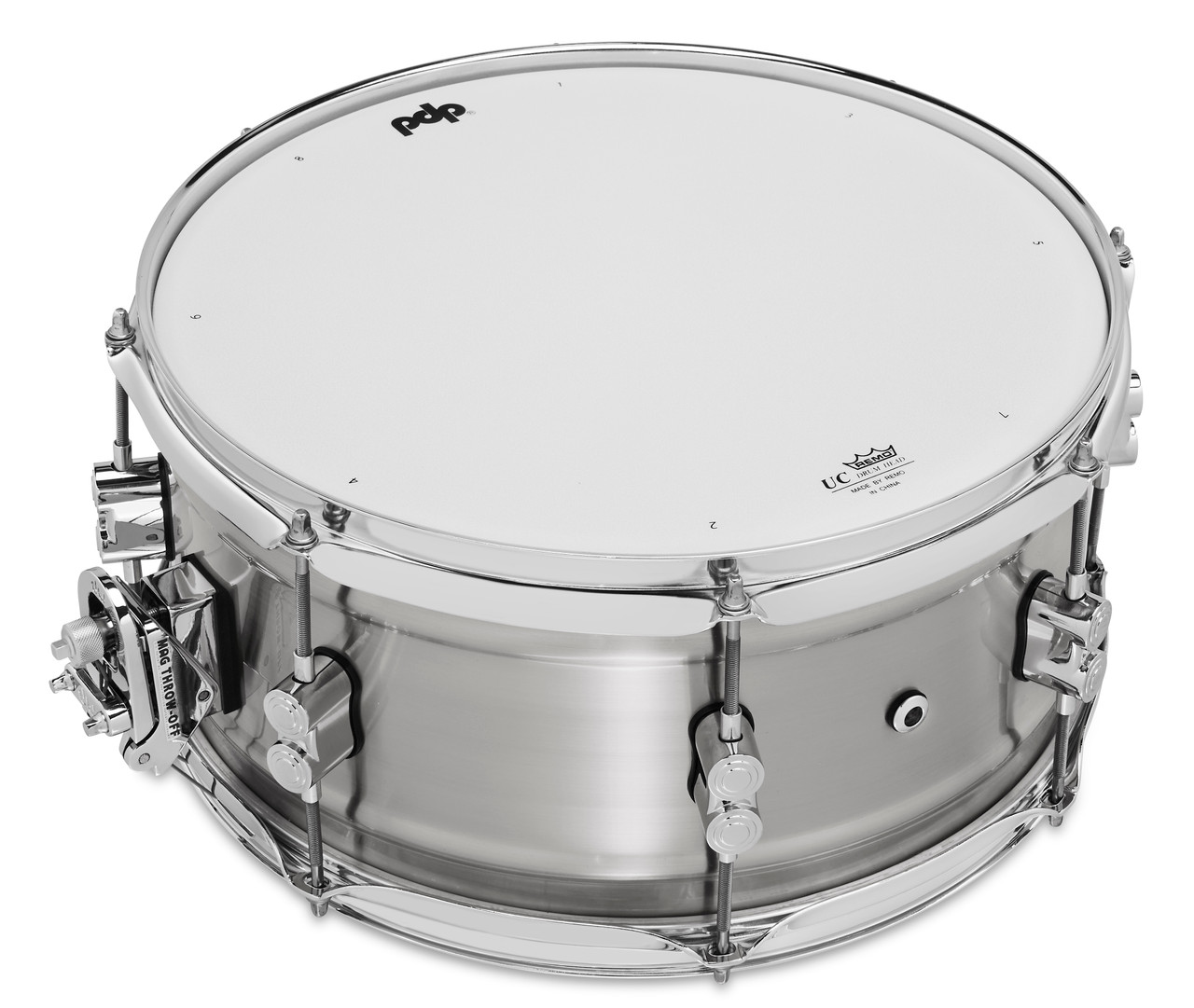 PDP Concept Series 6.5x14 Snare Drum in Natural Satin Brushed Aluminum finish with 1.2mm shell and chrome hardware, offering bright tone and sleek industrial design.