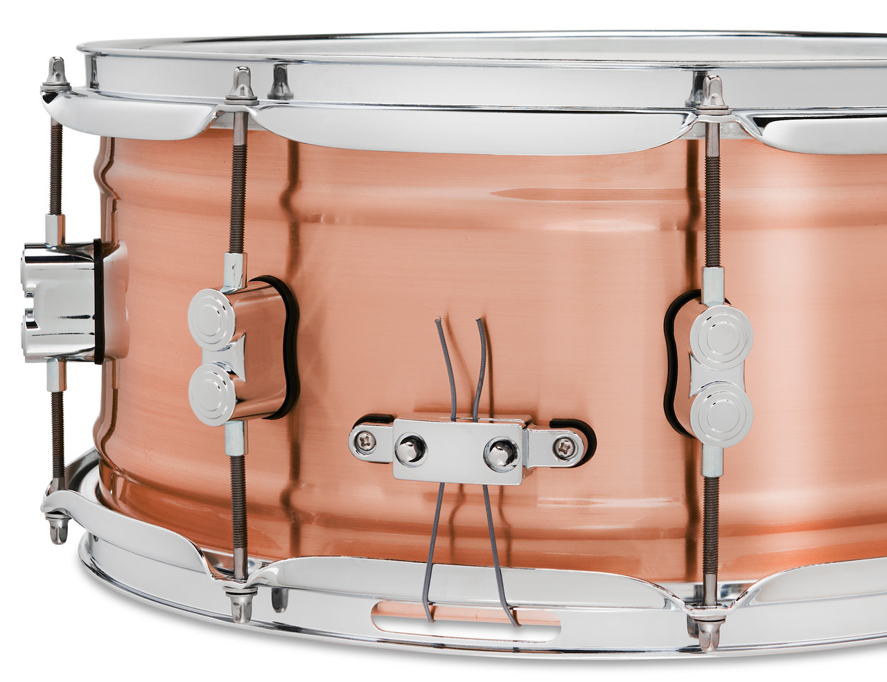 PDP Concept Series 6.5x14 Snare Drum in Natural Satin Brushed Copper finish with 1.2mm shell and chrome hardware, producing warm tone and refined metal resonance.