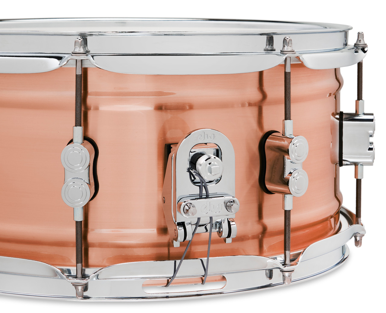 PDP Concept Series 6.5x14 Snare Drum in Natural Satin Brushed Copper finish with 1.2mm shell and chrome hardware, producing warm tone and refined metal resonance.