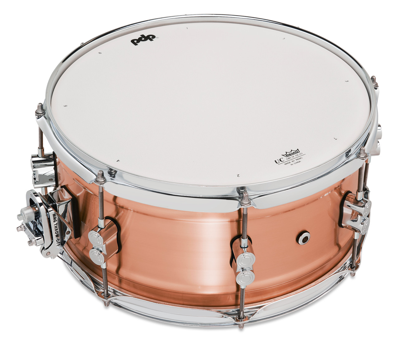 PDP Concept Series 6.5x14 Snare Drum in Natural Satin Brushed Copper finish with 1.2mm shell and chrome hardware, producing warm tone and refined metal resonance.