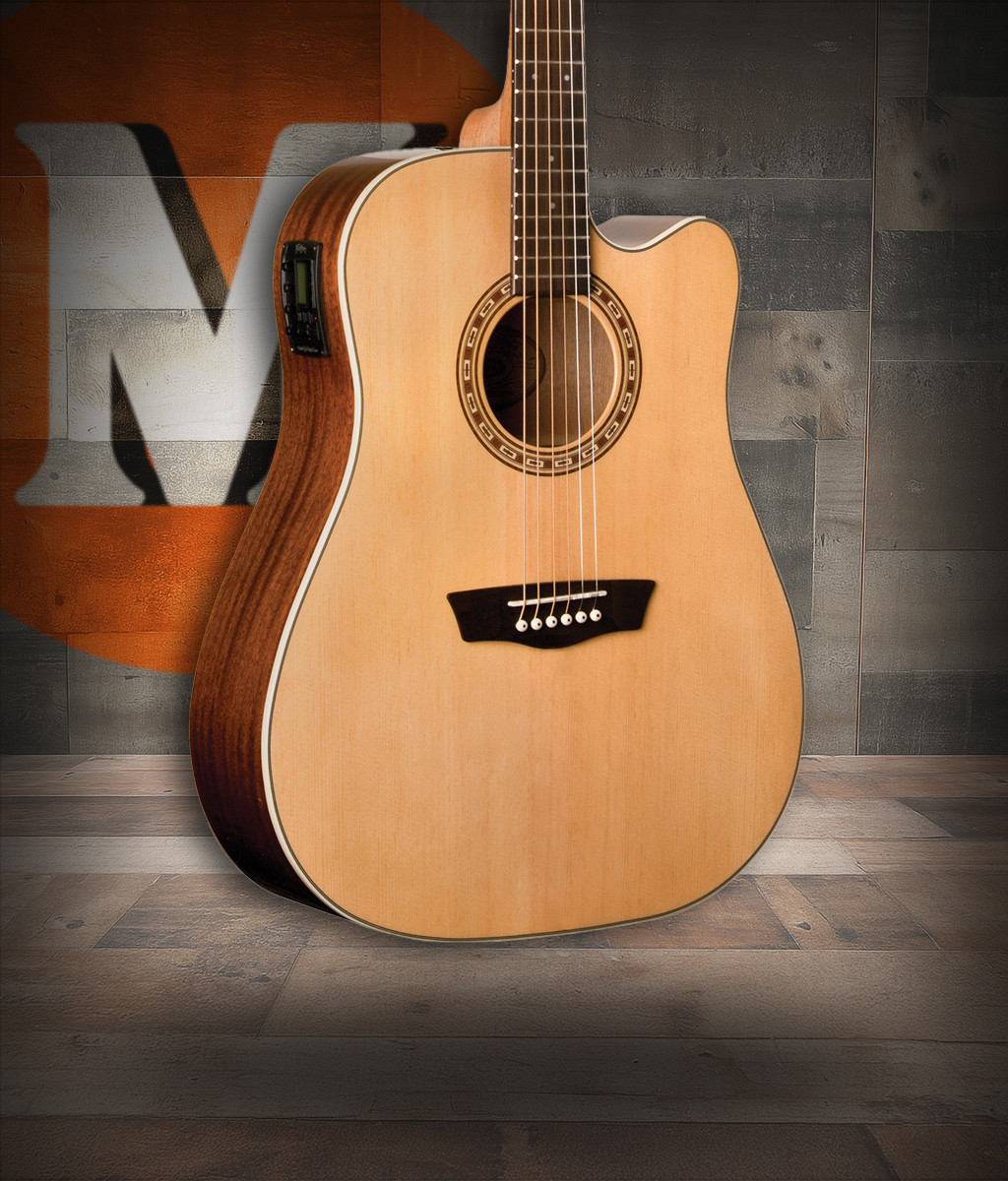 Washburn Harvest D7SCE Dreadnought Cutaway Acoustic Guitar in Natural Gloss finish with spruce top and mahogany back and sides â€“ Musician Madness