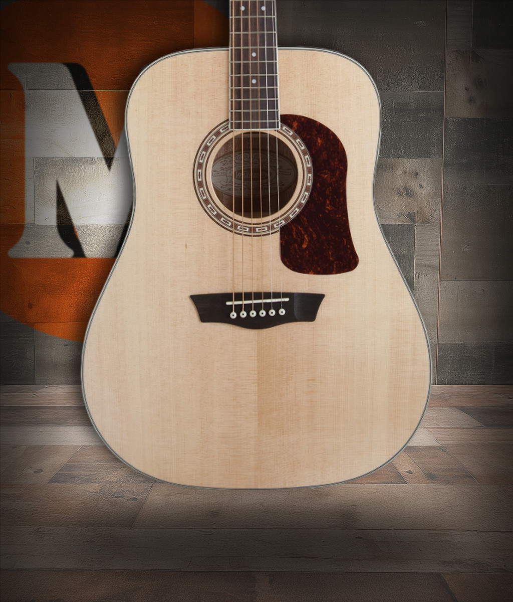 Washburn D10S Heritage 10 Series Dreadnought Acoustic Guitar in Natural finish with solid spruce top and mahogany back and sides – Musician Madness