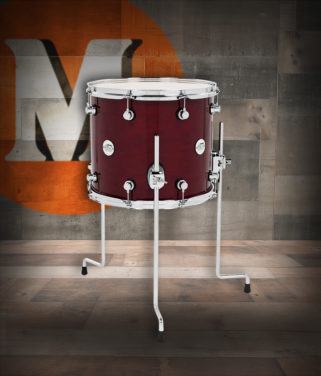 DW Design Series 12x14 Maple Floor Tom in Cherry Stain Gloss Lacquer with maple shell and chrome hardware – professional DW tone – Musician Madness