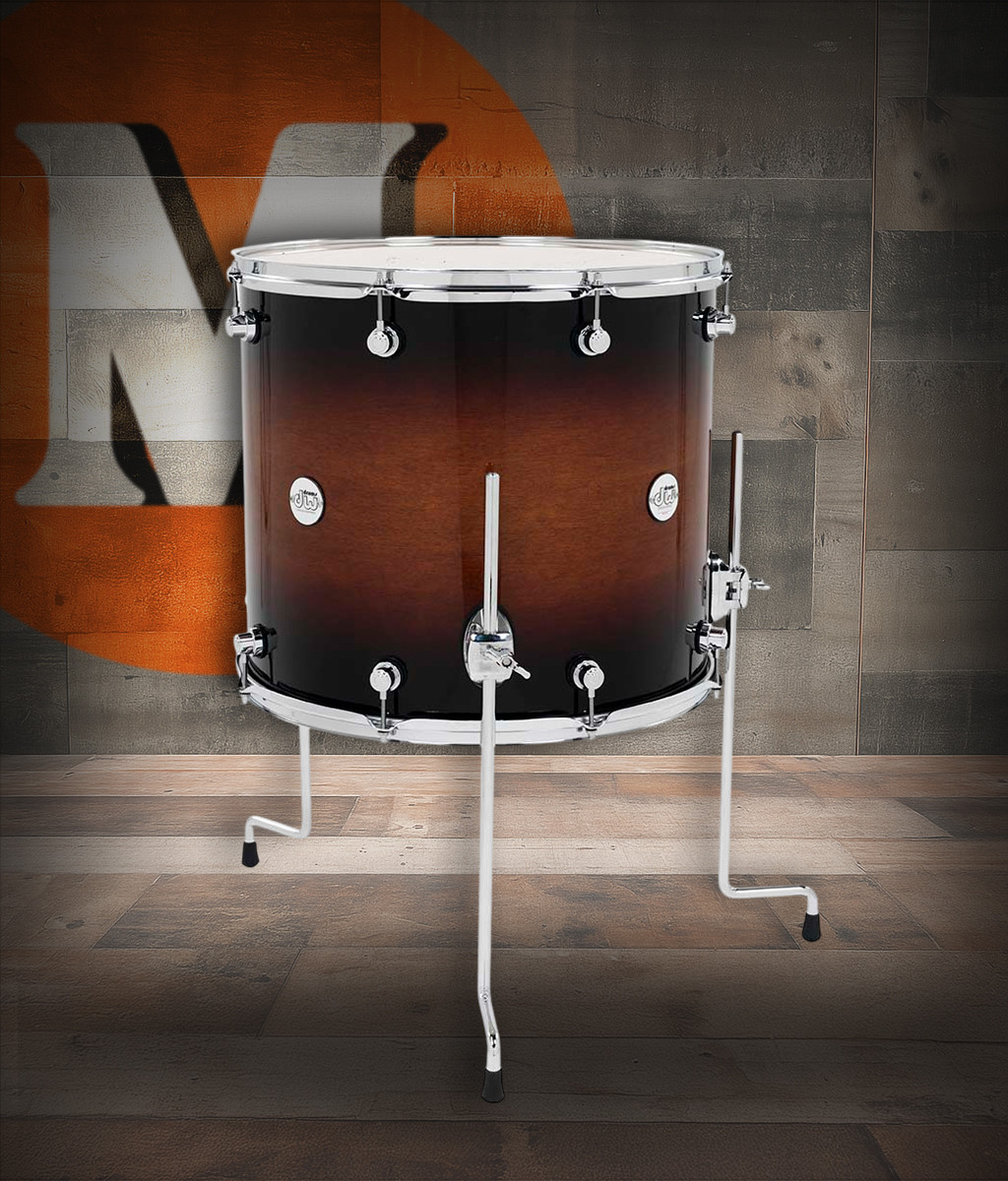 DW Design Series 16x18 Maple Floor Tom in Tobacco Burst Gloss Lacquer with maple shell and chrome hardware â€“ deep, resonant DW tone â€“ Musician Madness
