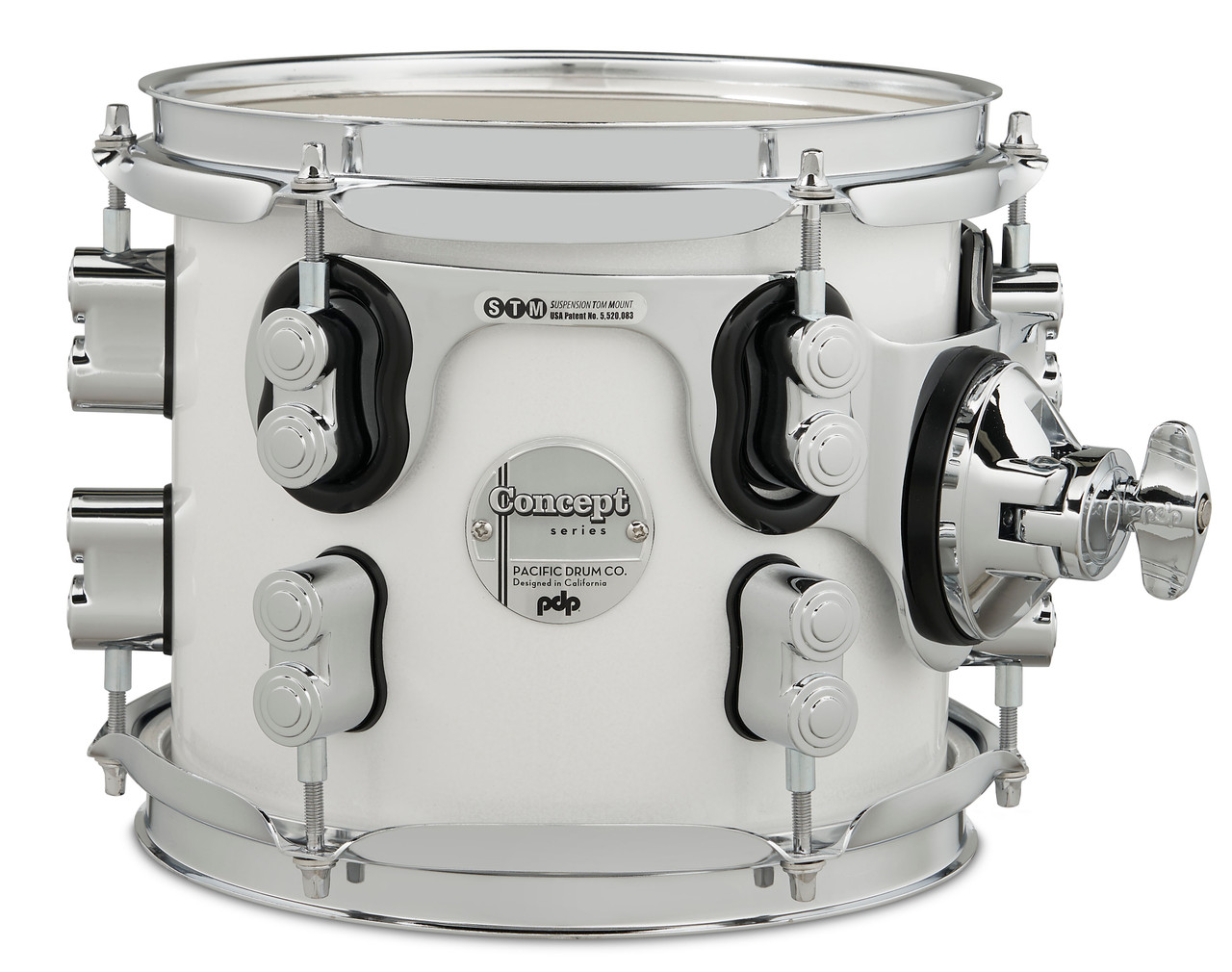 PDP Concept Maple 7x8 Suspended Tom in Pearlescent White Lacquer with chrome hardware and maple shell â€“ bright tone and elegant finish â€“ Musician Madness