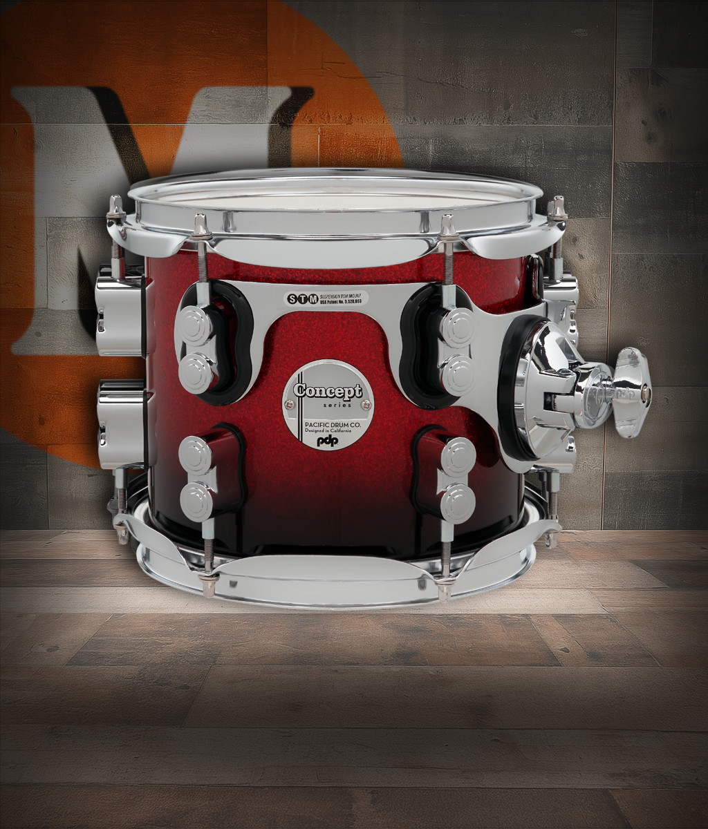 PDP Concept Maple 7x8 Suspended Tom in Red to Black Fade Lacquer with chrome hardware and maple shell – rich tone and striking finish – Musician Madness