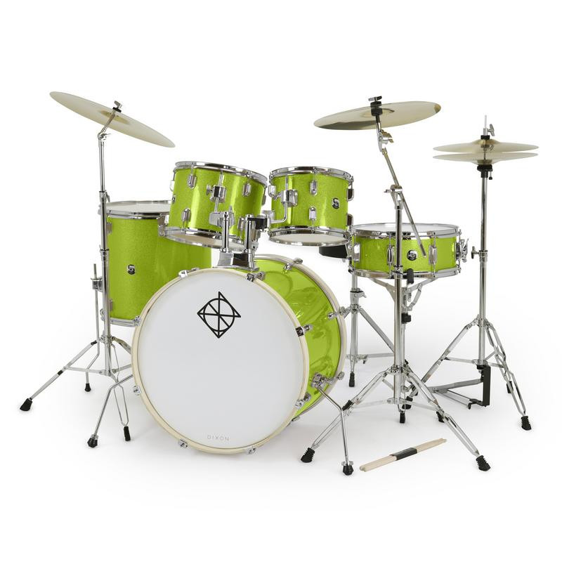 Dixon Spark 5-Piece Drum Set in Key Lime Sparkle finish (PODSP522C1SKLS) – complete outfit with hardware and cymbals – beginner-friendly drum kit – Musician Madness