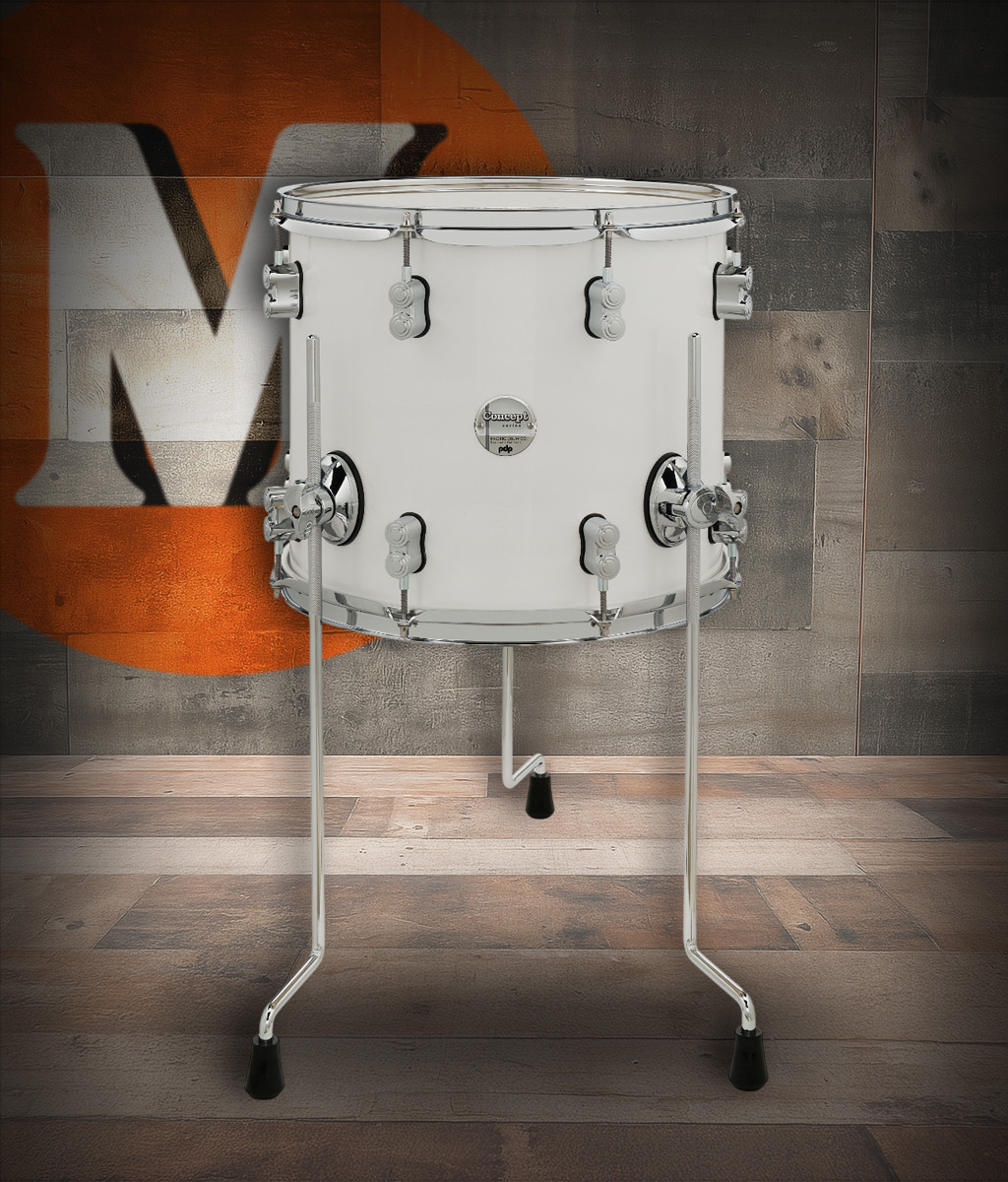 PDP Concept Maple 12x14 Floor Tom in Pearlescent White Lacquer with chrome hardware and maple shell â€“ bright tone and classy finish â€“ Musician Madness