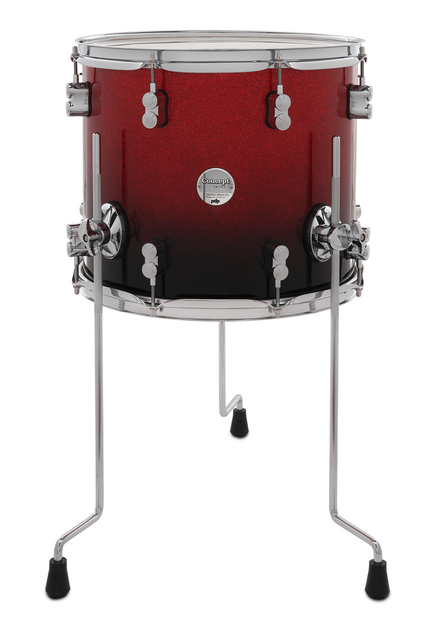 PDP Concept Maple 12x14 Floor Tom in Red to Black Fade Lacquer with chrome hardware and maple shell – deep tone and striking two-tone look – Musician Madness
