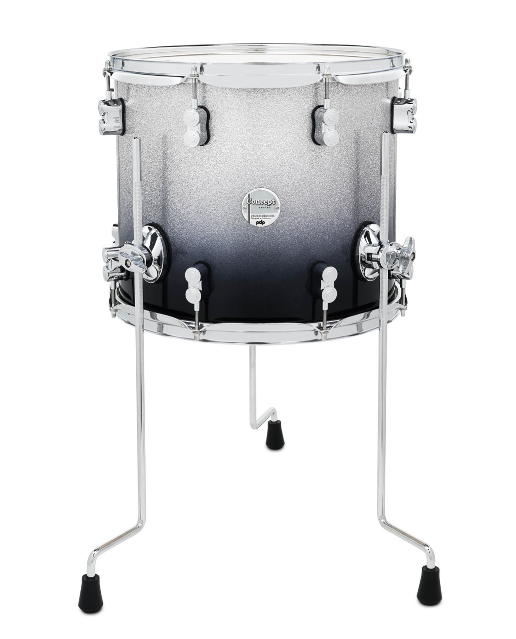 PDP Concept Maple 12x14 Floor Tom in Silver to Black Fade finish with chrome hardware and maple shell – warm maple tone and sleek fade design – Musician Madness