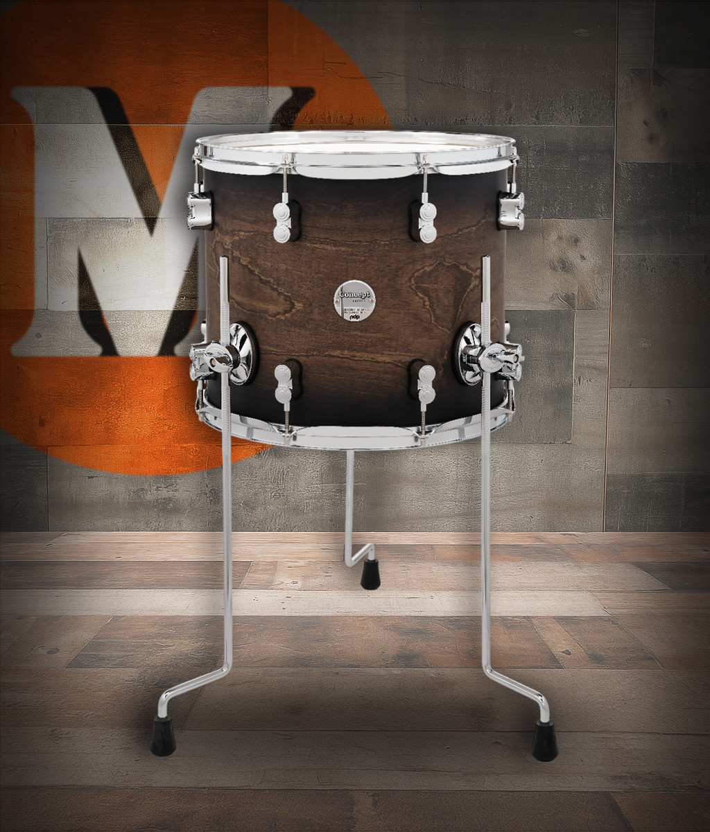 PDP Concept Maple 12x14 Floor Tom in Satin Charcoal Burst finish with chrome hardware and maple shell – rich tone and modern satin design – Musician Madness