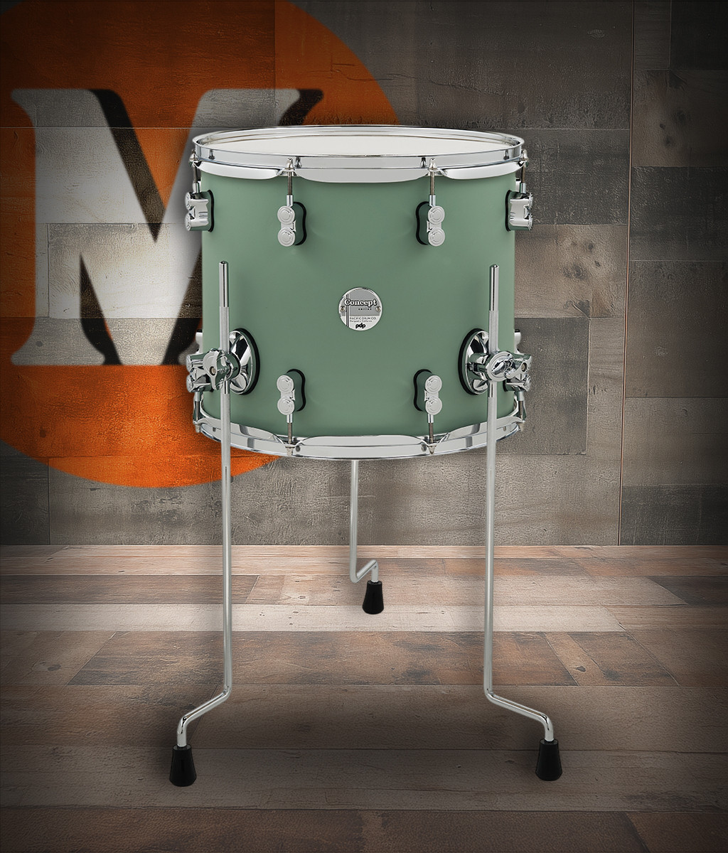 PDP Concept Maple 12x14 Floor Tom in Satin Seafoam Finish Ply with chrome hardware and maple shell - warm tone and vibrant modern style - Musician Madness