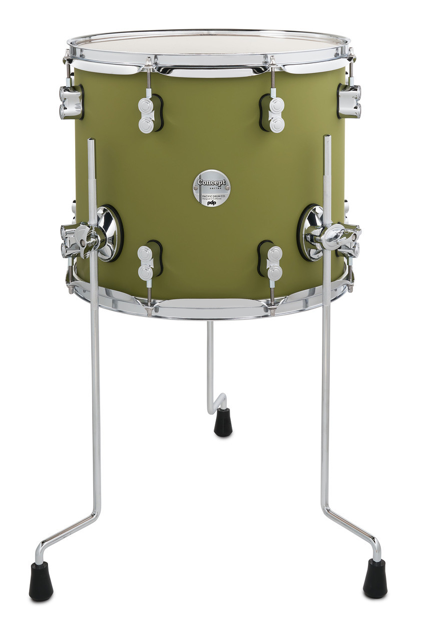 PDP Concept Maple 12x14 Floor Tom in Satin Olive Finish Ply with chrome hardware and maple shell - full maple tone and sleek modern design - Musician Madness