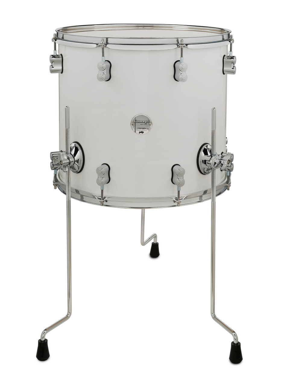 PDP Concept Maple 14x16 Floor Tom in Pearlescent White Lacquer with chrome hardware and maple shell â€“ bright tone and elegant gloss finish â€“ Musician Madness
