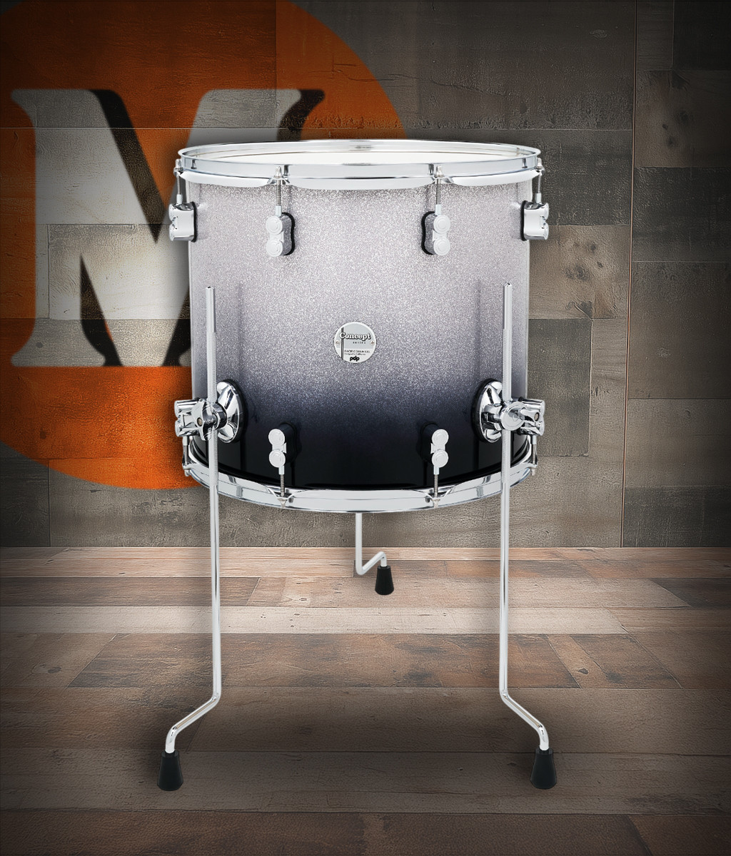 PDP Concept Maple 14x16 Floor Tom in Silver to Black Fade Lacquer with chrome hardware and maple shell â€“ deep tone and sleek fade finish â€“ Musician Madness
