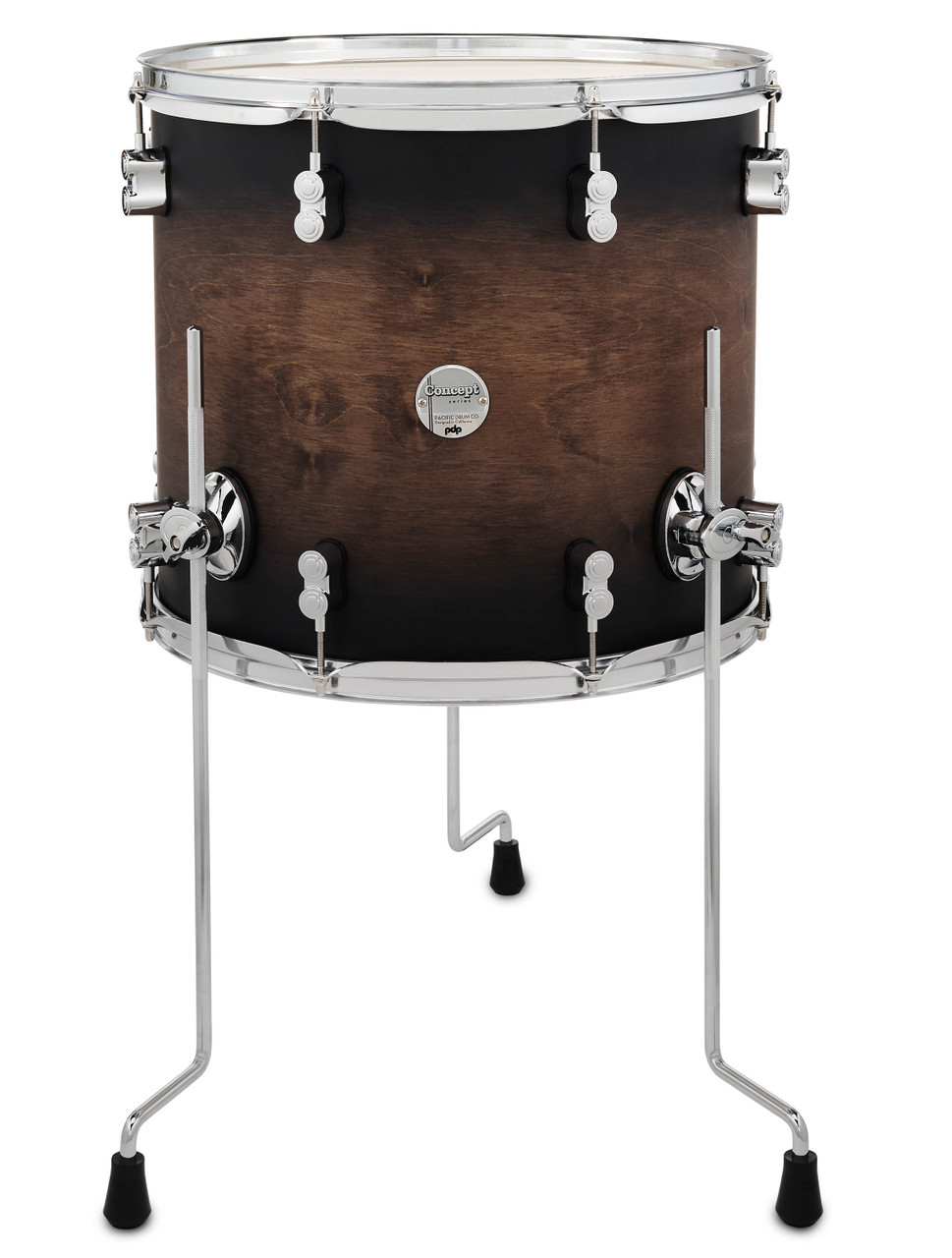 PDP Concept Maple 14x16 Floor Tom in Satin Charcoal Burst Lacquer with chrome hardware and maple shell – warm maple tone and sleek satin burst finish – Musician Madness