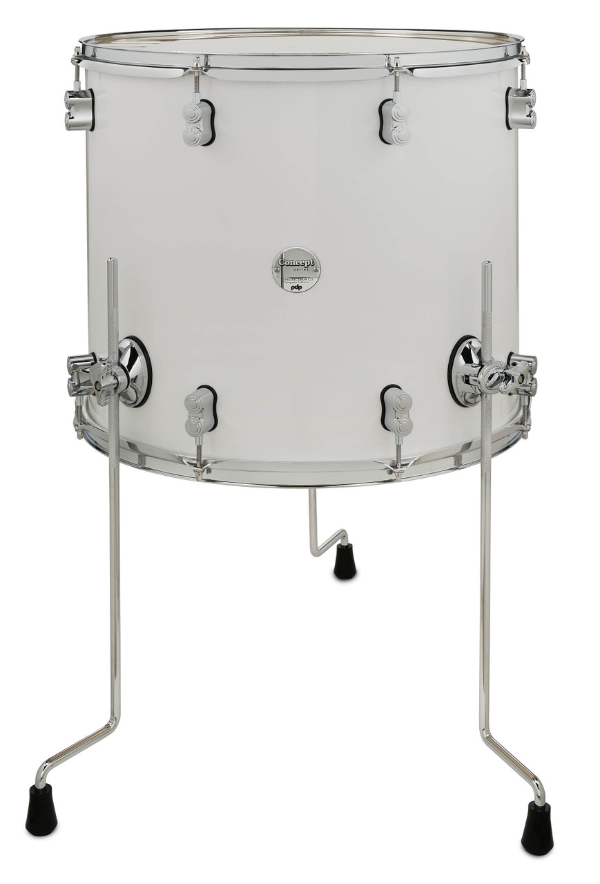 PDP Concept Maple 16x18 Floor Tom in Pearlescent White Lacquer with chrome hardware and maple shell – deep maple tone and elegant glossy finish – Musician Madness