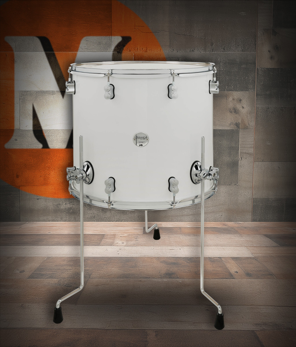 PDP Concept Maple 16x18 Floor Tom in Pearlescent White Lacquer with chrome hardware and maple shell â€“ deep maple tone and elegant glossy finish â€“ Musician Madness