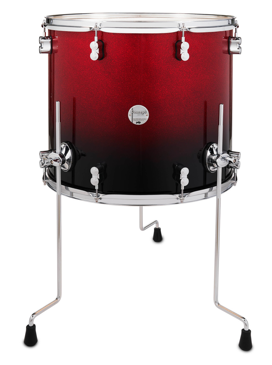 PDP Concept Maple 16x18 Floor Tom in Red to Black Fade Lacquer with chrome hardware and maple shell – deep tone and striking gradient finish – Musician Madness