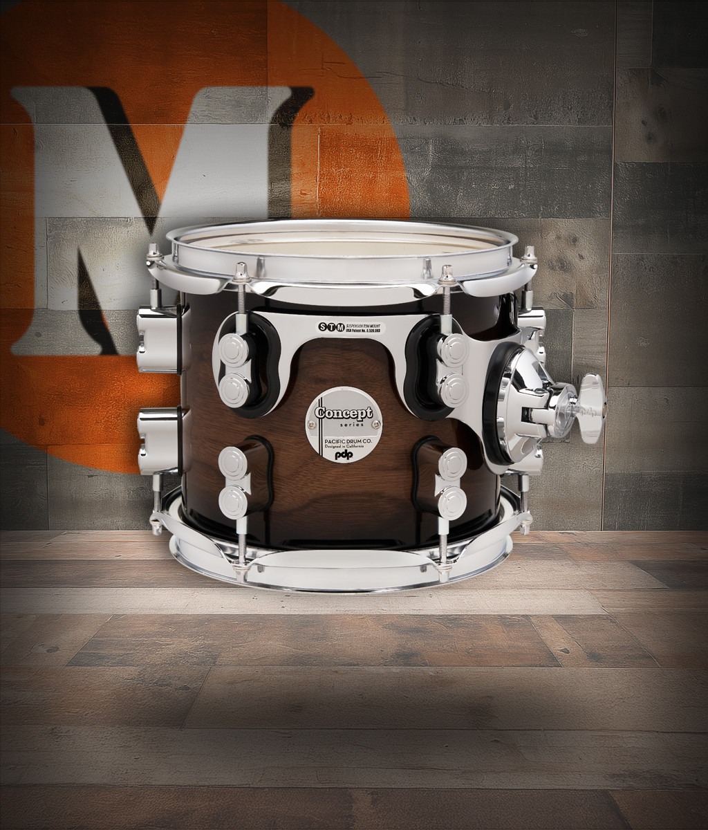 PDP Concept Maple Exotic 7x8 Tom in Walnut to Charcoal Burst finish with chrome hardware and maple shell - warm tone and stunning exotic wood design - Musician Madness