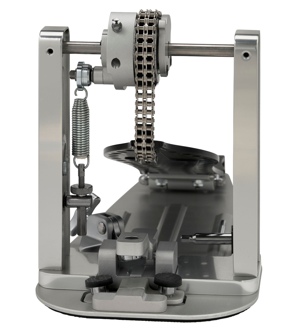 DW MFG Series Machined Chain Drive Single Pedal Graphite Edition with carry bag, featuring sleek black graphite finish, precision-machined components, and chain drive for smooth performance.