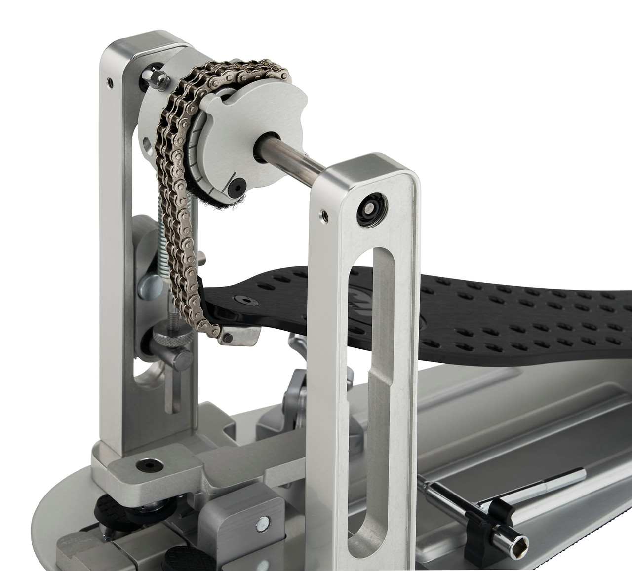 DW MFG Series Machined Chain Drive Single Pedal Graphite Edition with carry bag, featuring sleek black graphite finish, precision-machined components, and chain drive for smooth performance.