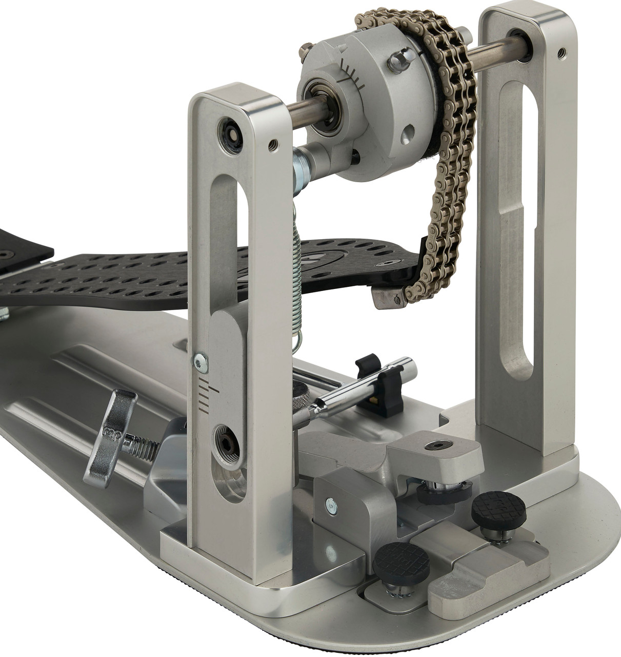 DW MFG Series Machined Chain Drive Single Pedal Graphite Edition with carry bag, featuring sleek black graphite finish, precision-machined components, and chain drive for smooth performance.