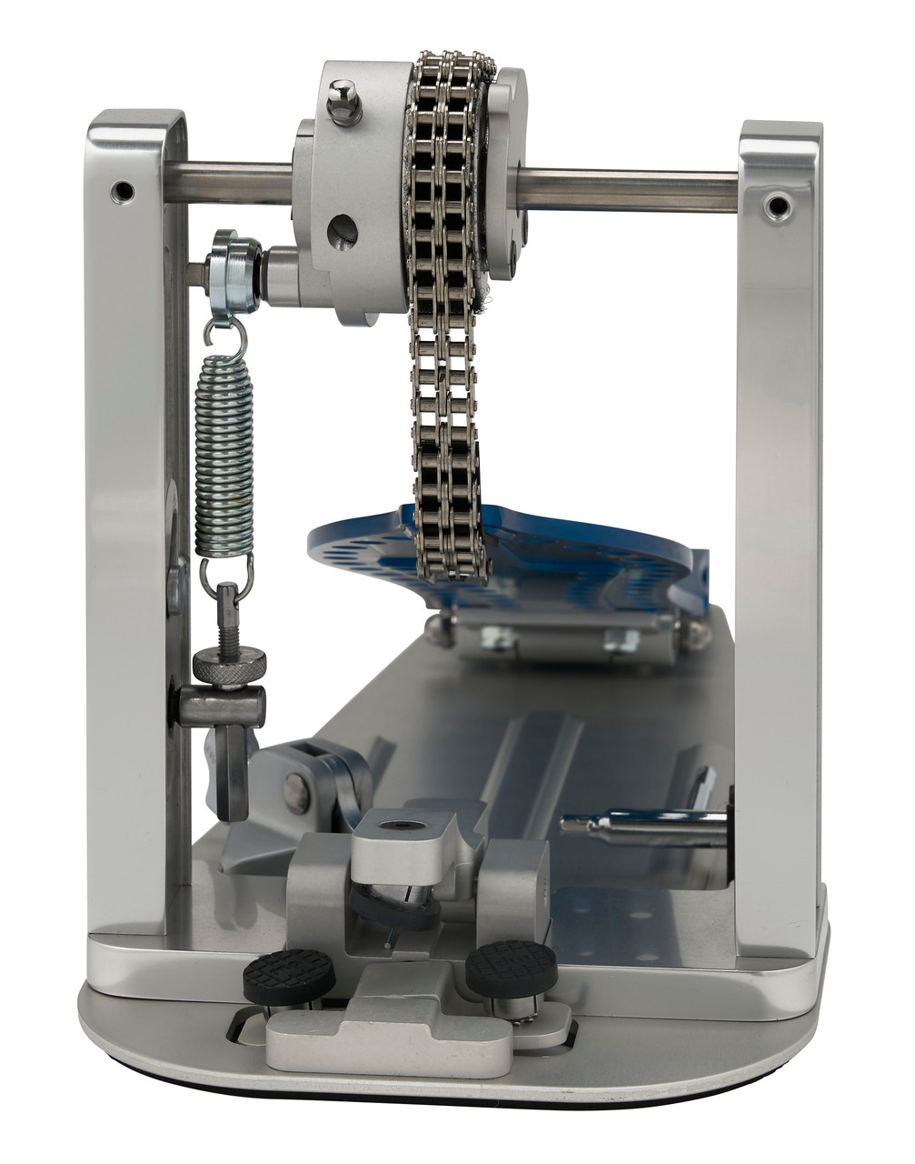 DW MFG Series Machined Chain Drive Single Pedal Cobalt Edition with included carry bag, featuring precision-machined cobalt blue components, chain-drive system, and adjustable beater assembly.