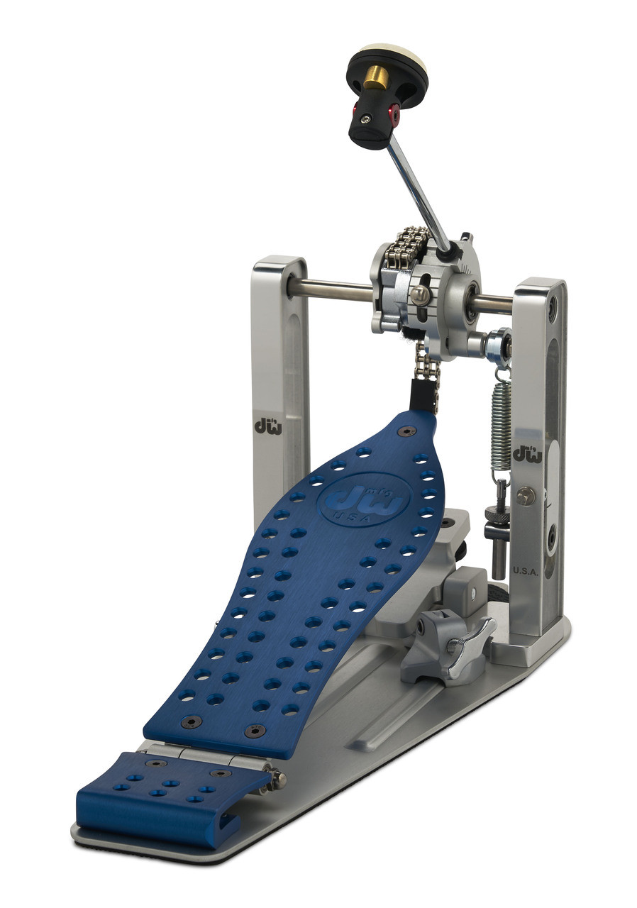 DW MFG Series Machined Chain Drive Single Pedal Cobalt Edition with included carry bag, featuring precision-machined cobalt blue components, chain-drive system, and adjustable beater assembly.