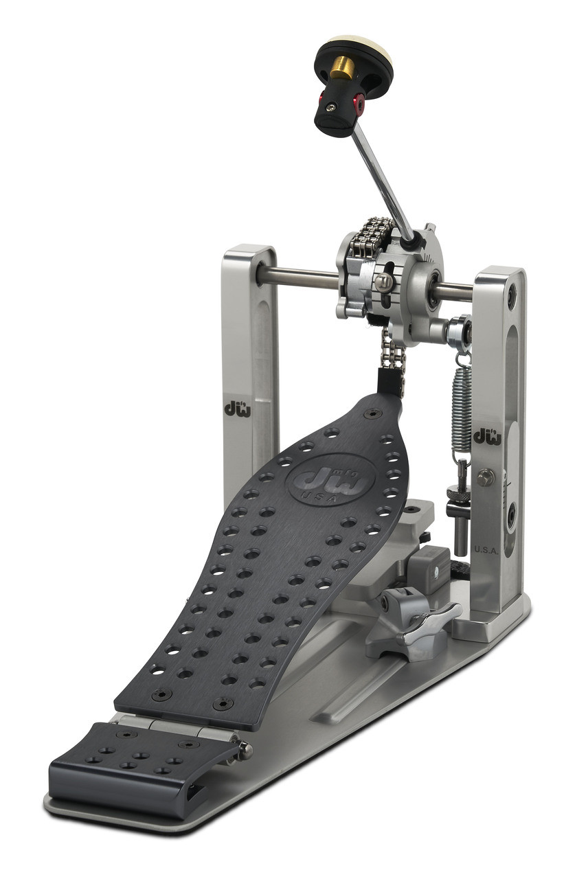 DW MFG Series Machined Chain Drive Single Pedal Gun Metal Edition with included carrying bag, showing dark gunmetal finish, precision-machined aluminum body, and smooth chain-drive mechanism.