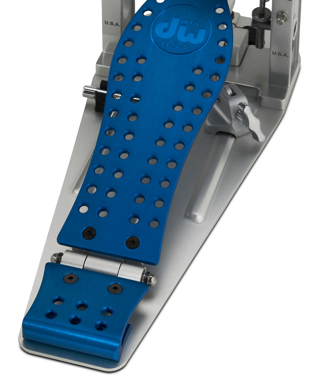 DW MFG Series Machined Direct Drive Single Pedal Cobalt Edition with included carry bag, featuring precision-machined cobalt blue components, direct drive linkage, and adjustable beater assembly.