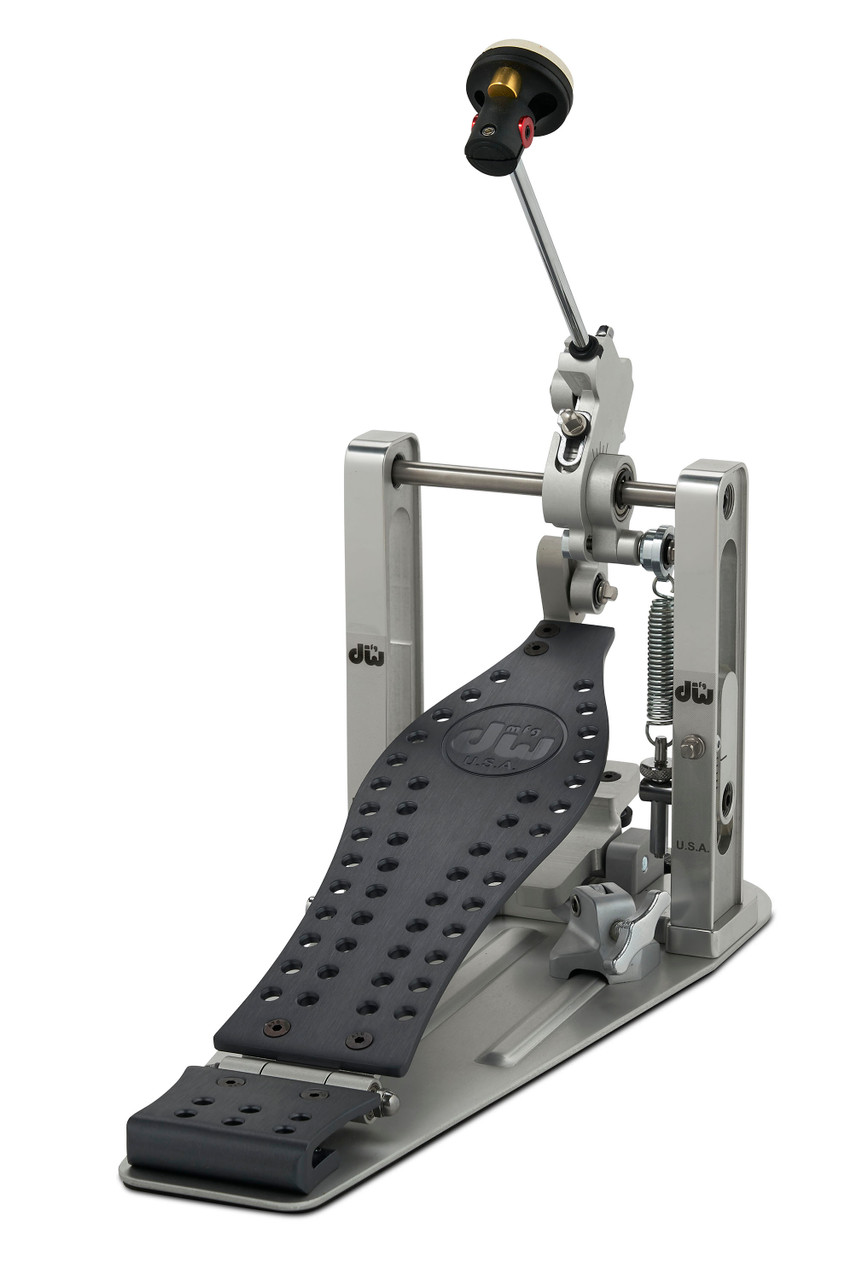 DW MFG Series Machined Direct Drive Single Pedal Gun Metal Edition with carry bag, featuring dark metallic gunmetal finish, precision-machined aluminum design, and smooth direct drive mechanism.