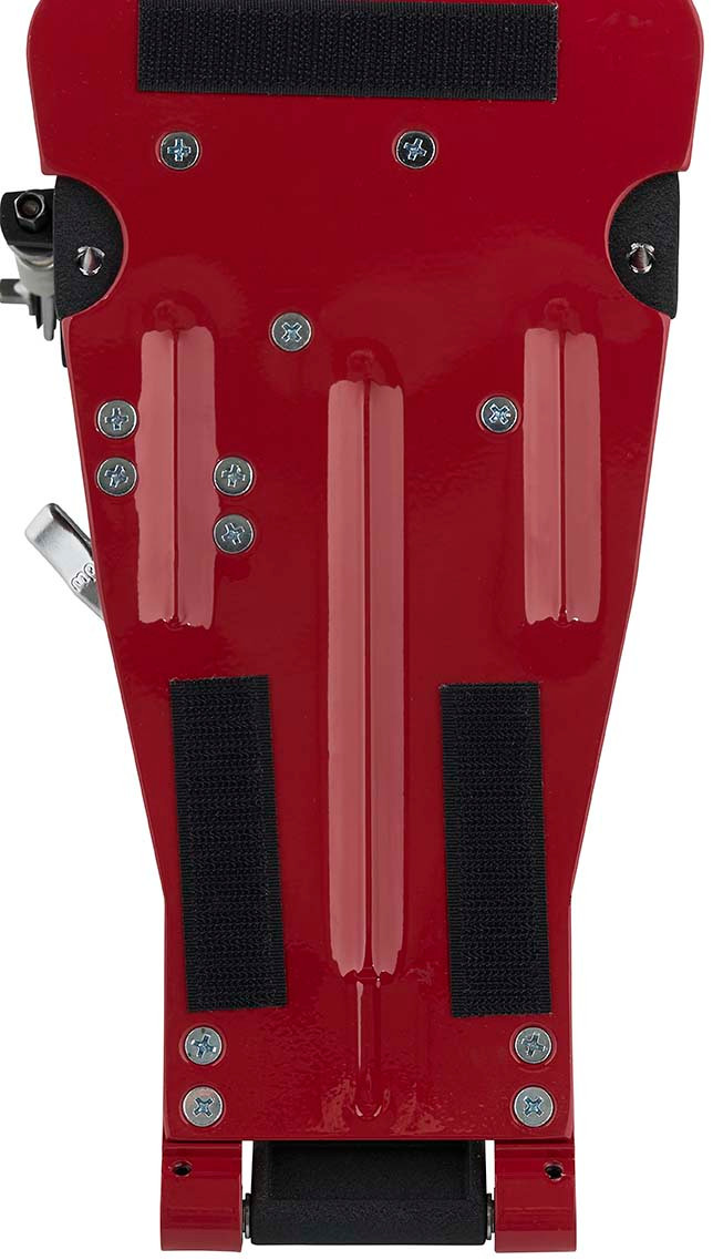 DW 5000 Series Accelerator Heelless Double Bass Drum Pedal (DWCP5002ADH) with red base plates and included carrying bag
