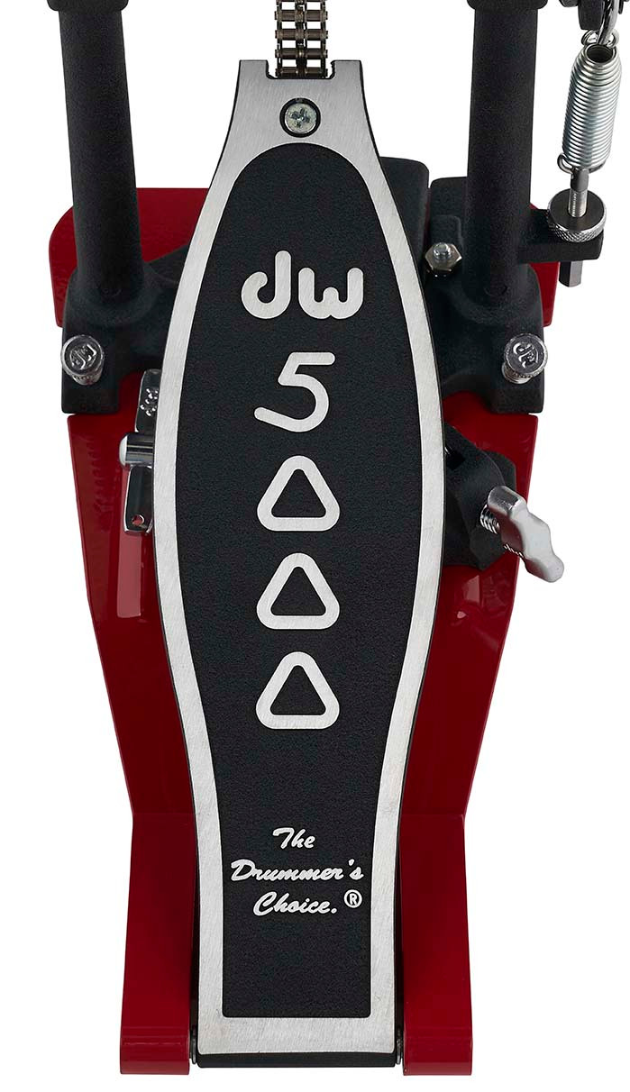 DW 5000 Series Accelerator Heelless Double Bass Drum Pedal (DWCP5002ADH) with red base plates and included carrying bag