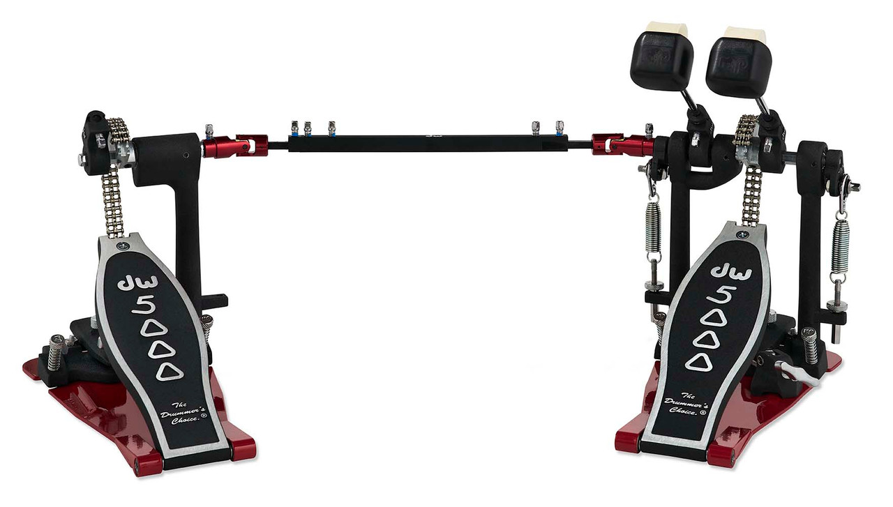 DW 5000 Series Accelerator Heelless Double Bass Drum Pedal (DWCP5002ADH) with red base plates and included carrying bag