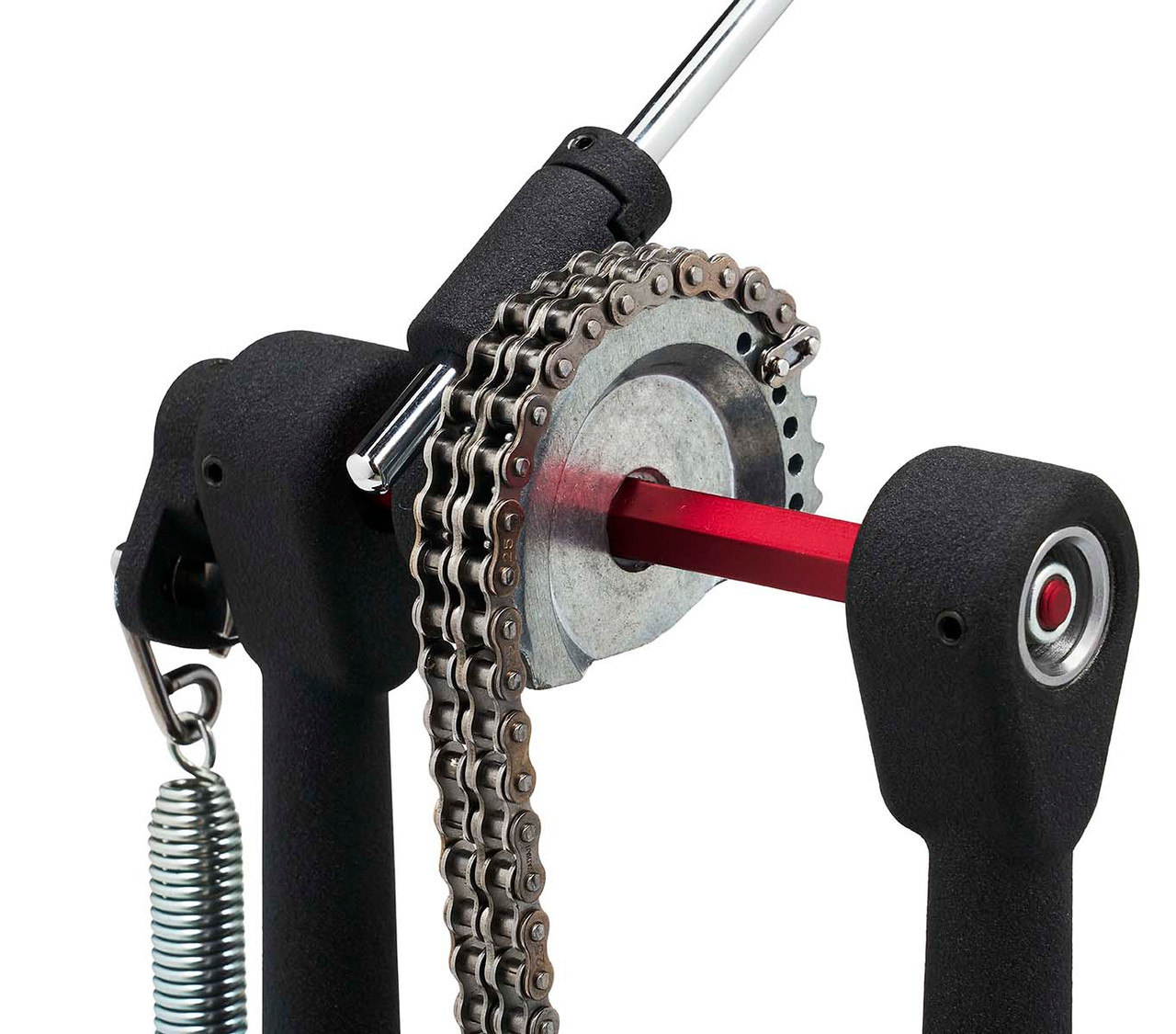 DW 5000 Series Turbo Double Bass Drum Pedal (DWCP5002TD4) with red base plates and included carrying bag