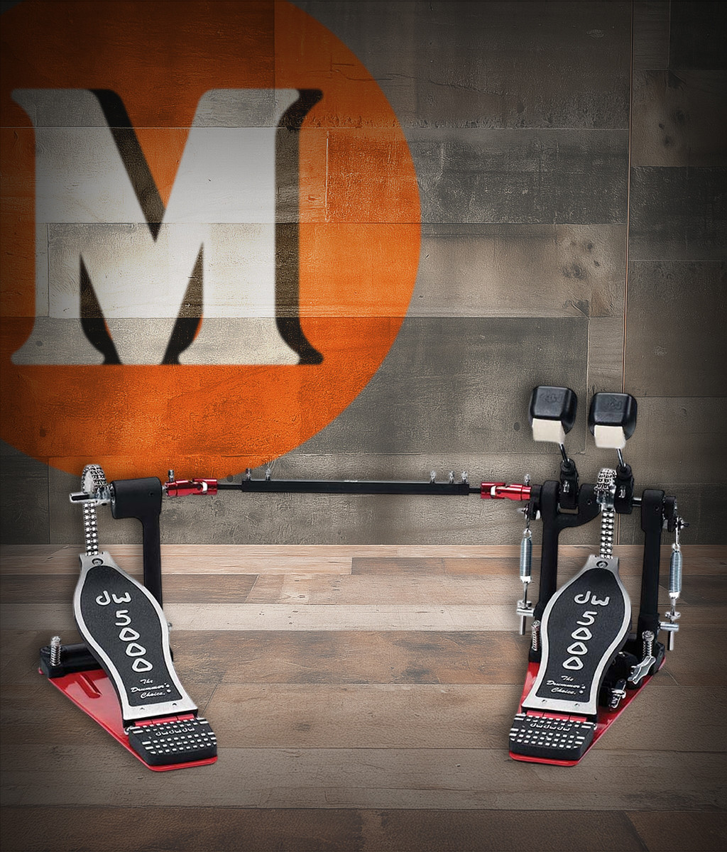 DW 5000 Series Turbo Double Bass Drum Pedal (DWCP5002TD4) with red base plates and included carrying bag