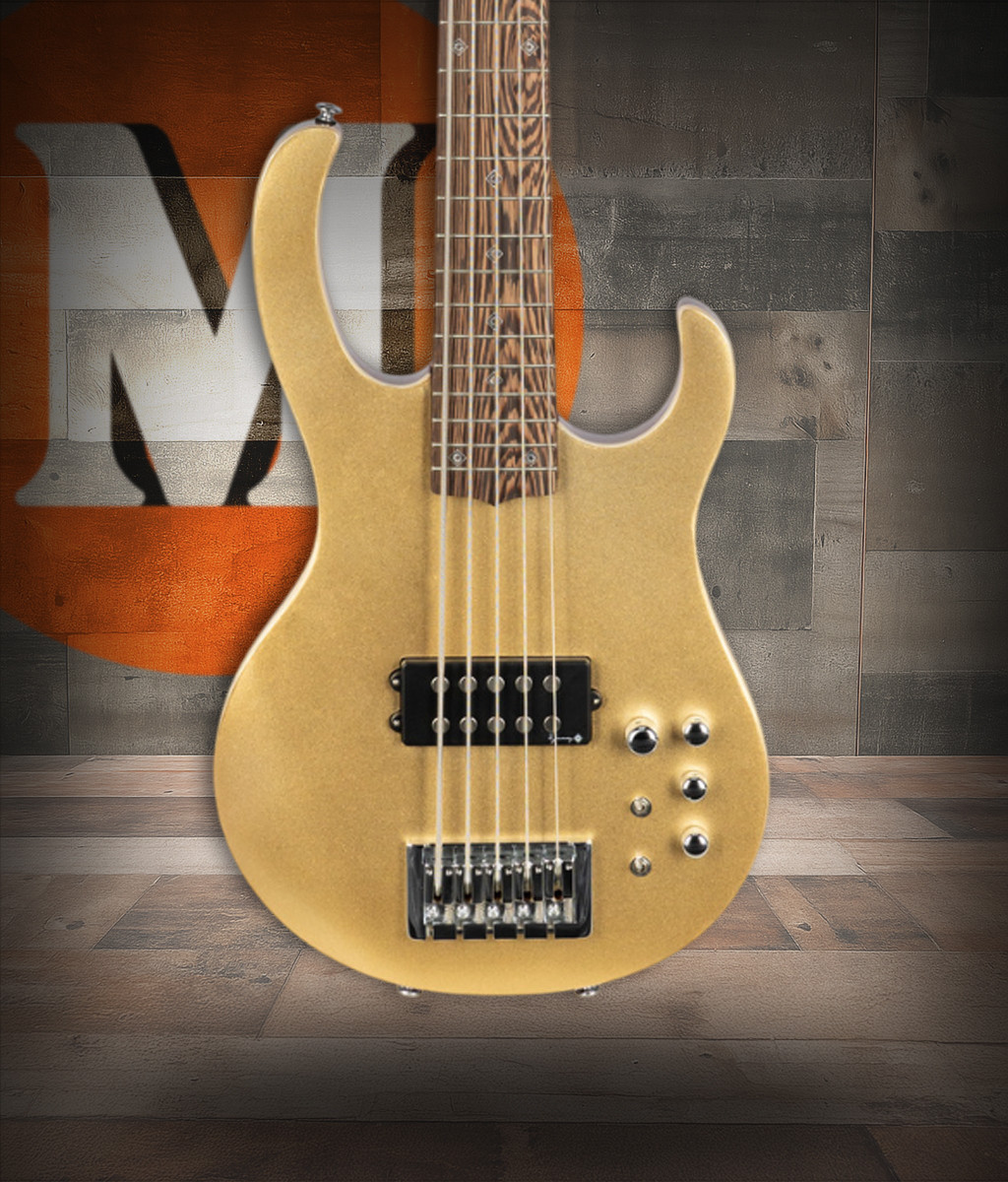 H. Jimenez 5-String Glossy Gold Top Bass Guitar (LBS5-GT) with deluxe padded gig bag