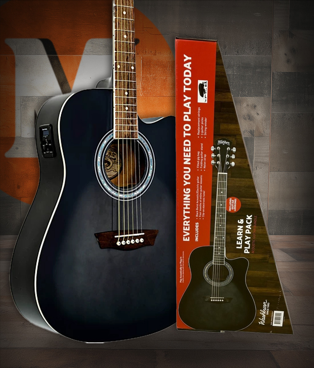 Washburn Learn & Play Pack Acoustic-Electric Guitar Bundle – Transparent Black Burst (WA90CETBBPACK) with gig bag, strap, and accessories