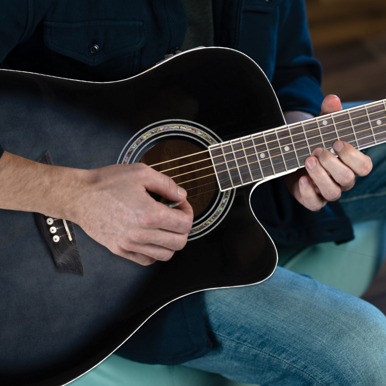 Washburn Learn & Play Pack Acoustic-Electric Guitar Bundle – Transparent Black Burst (WA90CETBBPACK) with gig bag, strap, and accessories